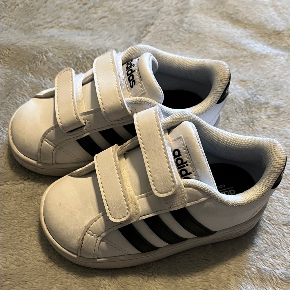 Adidas Kids White Sneakers with Black Stripes